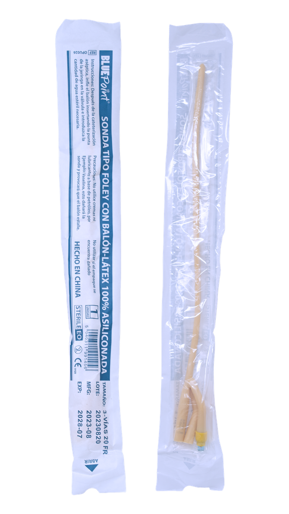 BLUEPOINT CATETER FOLEY ASILICONADO 3 VÍAS No. 20 FR 30 ML CON PIVOTE 
