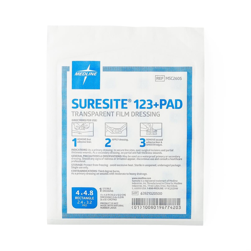 MEDLINE APÓSITO TRANSPARENTE + PAD SURESITE 123 (TIPO TEGADERM) 4" X 4.8" (10.2 X 12.2 CM) REF: MSC2605