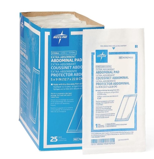 Almohadilla abdominal estéril, 5" x 9" Medline REF/ NON21450